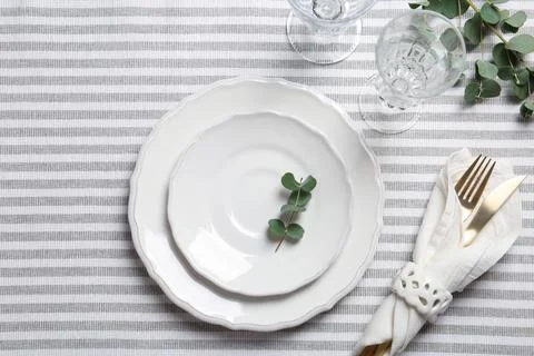 Stylish elegant table setting on cloth, top view Stock Photos