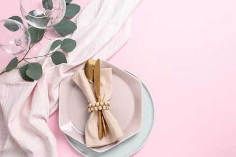 Stylish elegant table setting on color background, top view. Space for text Stock Photos
