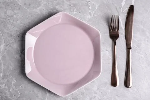 Stylish elegant table setting on grey marble surface, top view Stock Photos