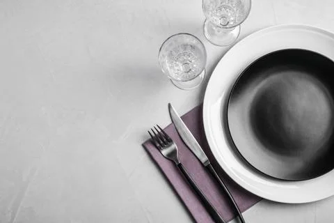 Stylish elegant table setting on stone surface, top view. Space for text Stock Photos