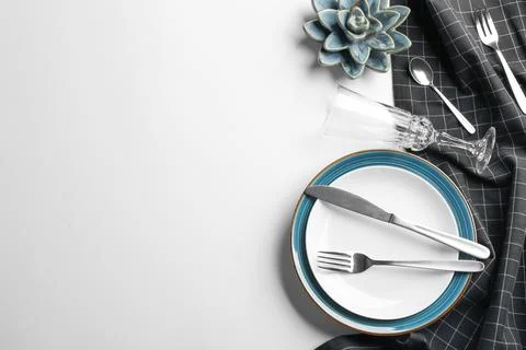 Stylish elegant table setting on white background, top view Stock Photos