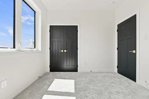 Stylish empty room with light gray walls and white trim 库存插图