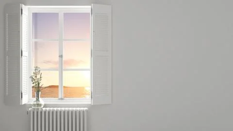 Stylish empty room with panoramic window close-up, classic shutters, glass va Stock Illustration