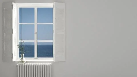 Stylish empty room with panoramic window close-up, classic shutters, glass va Stock Illustration