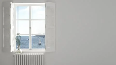 Stylish empty room with panoramic window close-up, classic shutters, glass va Stock Illustration