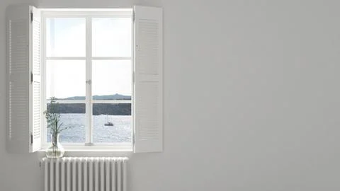 Stylish empty room with panoramic window close-up, classic shutters, glass va Stock Illustration