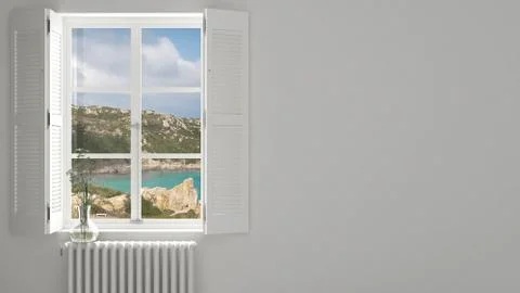 Stylish empty room with panoramic window close-up, classic shutters, glass va Stock Illustration