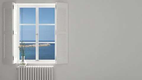 Stylish empty room with panoramic window close-up, classic shutters, glass va Stock Illustration