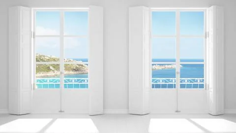 Stylish empty room with panoramic windows close-up, classic shutters, classic Stock Illustration