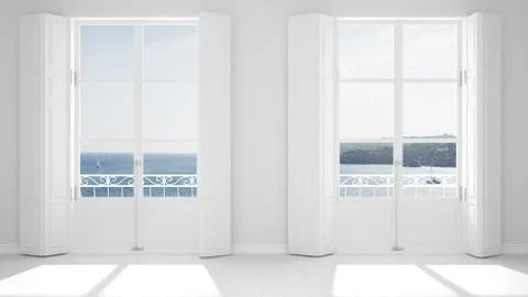 Stylish empty room with panoramic windows close-up, classic shutters, classic Stock Illustration