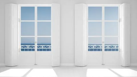 Stylish empty room with panoramic windows close-up, classic shutters, classic Stock Illustration