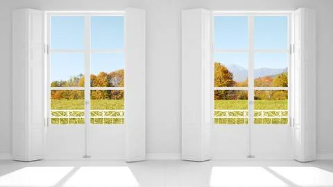 Stylish empty room with panoramic windows close-up, classic shutters, classic Stock Illustration