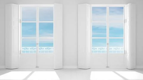 Stylish empty room with panoramic windows close-up, classic shutters, classic Stock Illustration