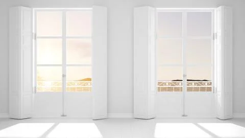 Stylish empty room with panoramic windows close-up, classic shutters, classic Stock Illustration