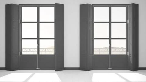 Stylish empty room with panoramic windows close-up, classic shutters, classic Stock Illustration