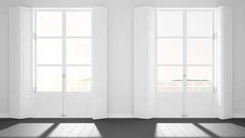 Stylish empty room with panoramic windows close-up, classic shutters, classic Stock Illustration