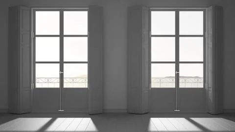 Stylish empty room with panoramic windows close-up, classic shutters, classic Stock Illustration