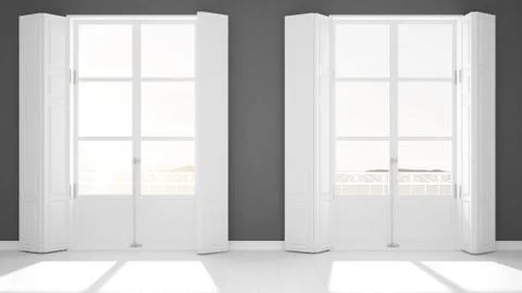 Stylish empty room with panoramic windows close-up, classic shutters, classic Stock Illustration