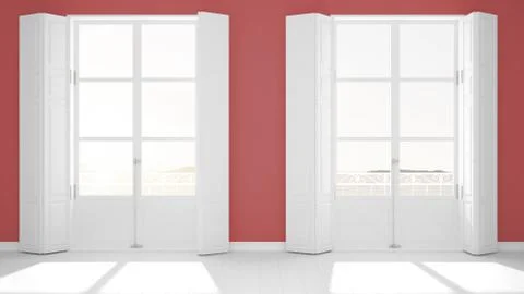 Stylish empty room with panoramic windows close-up, classic shutters, classic Stock Illustration