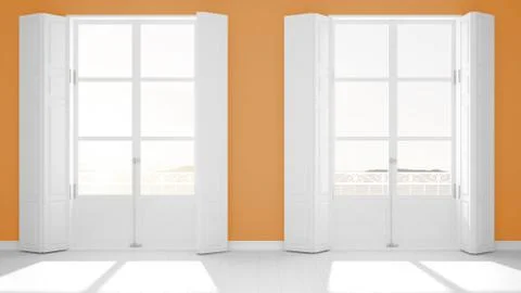Stylish empty room with panoramic windows close-up, classic shutters, classic Stock Illustration