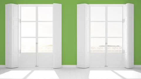 Stylish empty room with panoramic windows close-up, classic shutters, classic Stock Illustration
