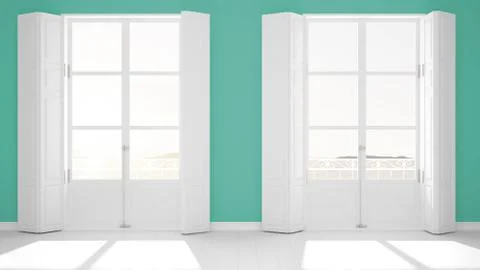 Stylish empty room with panoramic windows close-up, classic shutters, classic Stock Illustration