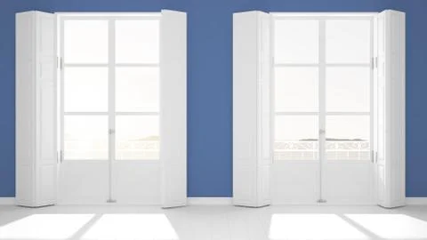 Stylish empty room with panoramic windows close-up, classic shutters, classic Stock Illustration