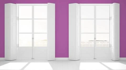 Stylish empty room with panoramic windows close-up, classic shutters, classic Stock Illustration