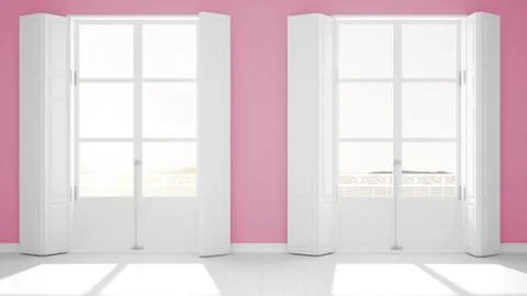 Stylish empty room with panoramic windows close-up, classic shutters, classic Stock Illustration