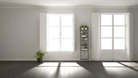 Stylish empty room with panoramic windows, parquet wooden floor, classic shut 스톡 일러스트