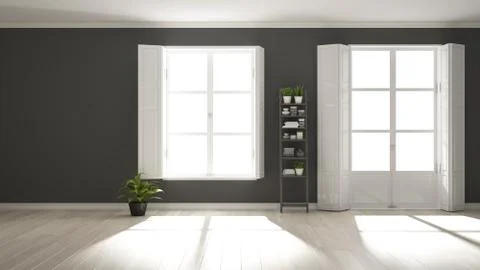 Stylish empty room with panoramic windows, parquet wooden floor, classic shut 스톡 일러스트