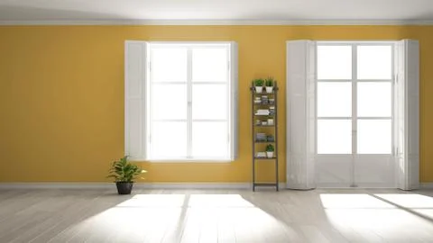 Stylish empty room with panoramic windows, parquet wooden floor, classic shut Stock Illustration