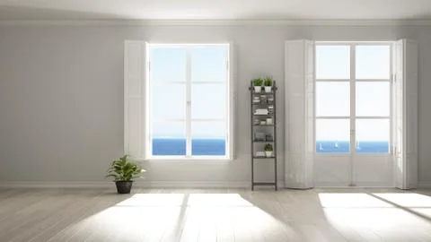 Stylish empty room with panoramic windows, parquet wooden floor, classic shut Stock Illustration