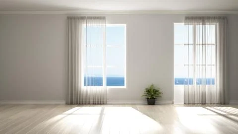 Stylish empty room with panoramic windows, parquet wooden floor, classic shut Stock Illustration