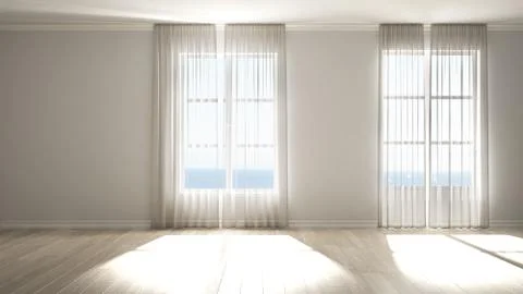 Stylish empty room with panoramic windows, parquet wooden floor, classic shut Stock Illustration