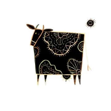 Stylish Ethnic Vector Illustration: Black silhouette Isolated Cow on White Illustrazione stock