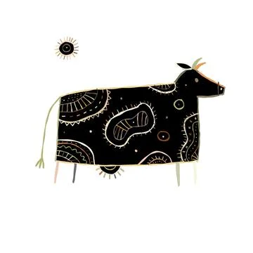 Stylish Ethnic Vector Illustration: Black silhouette Isolated Cow on White Illustrazione stock