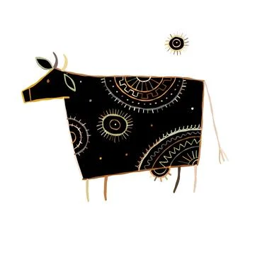Stylish Ethnic Vector Illustration: Black silhouette Isolated Cow on White Illustrazione stock