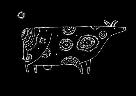 Stylish Ethnic Vector Illustration: Isolated Cow on black Background Illustrazione stock