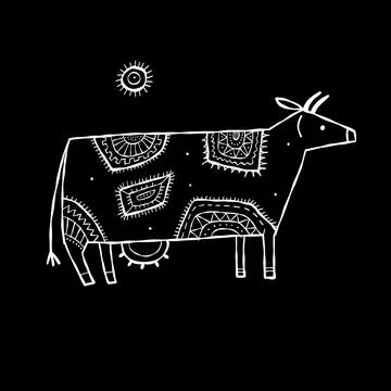 Stylish Ethnic Vector Illustration: Isolated Cow on black Background Illustrazione stock