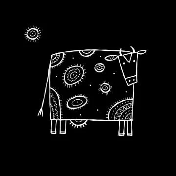 Stylish Ethnic Vector Illustration: Isolated Cow on black Background Illustrazione stock