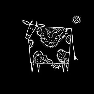 Stylish Ethnic Vector Illustration: Isolated Cow on black Background Illustrazione stock