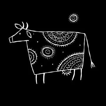 Stylish Ethnic Vector Illustration: Isolated Cow on black Background Illustrazione stock