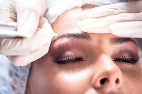 Stylish eyebrows created with microblading method Foto stock