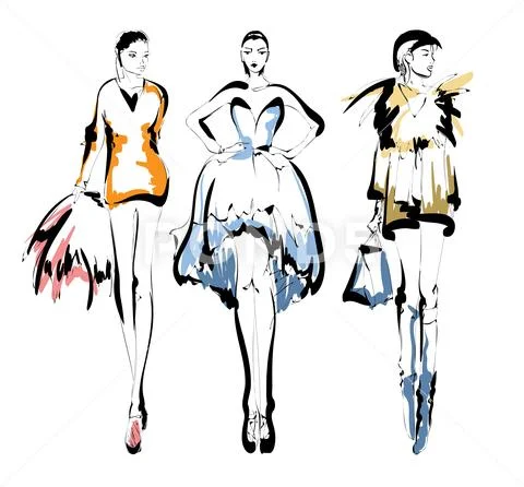Stylish fashion models. Pretty young girls. Fashion womans Sketch Stock Illustration