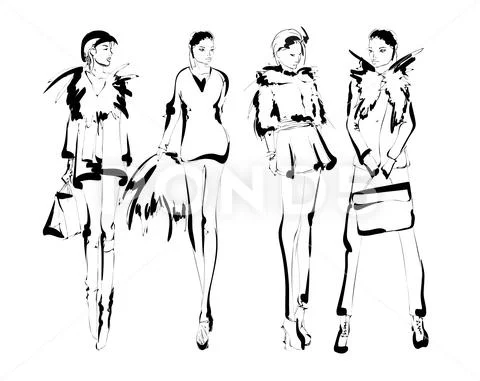 Stylish fashion models. Pretty young girls. Fashion womans Sketch Stock Illustration