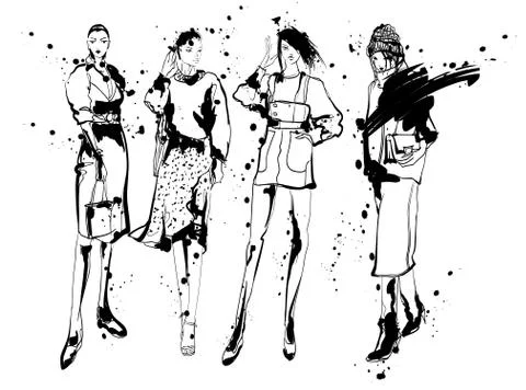 Stylish fashion models. Pretty young girls. Fashion womans Sketch Stock Illustration