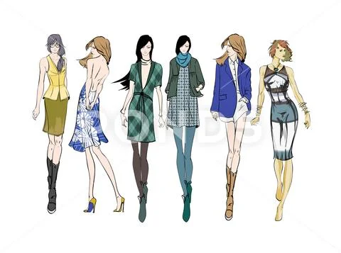 Stylish fashion models. Pretty young girls. Fashion womans Sketch Stock Illustration