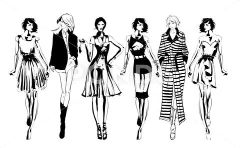 Stylish fashion models. Pretty young girls. Fashion womans Sketch Stock Illustration