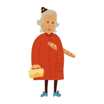 Stylish Fench funny elderly woman concept. Happy Grandmother in hipster coat hat Stock Illustration